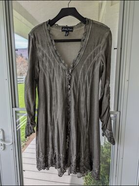 Gretty Zueger Peruvian Cotton Lace Trim Ruched Tunic Top M - Excellent Condition